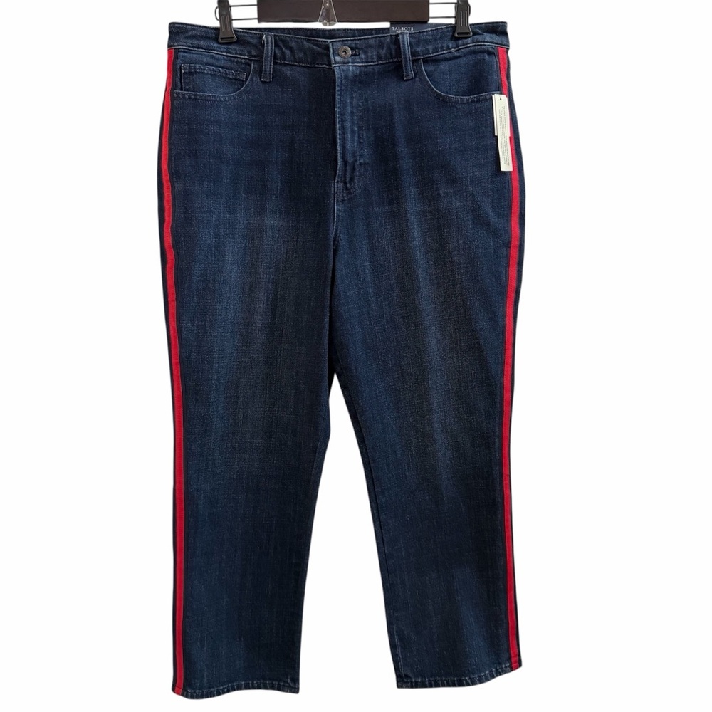 TALBOTS JEANS, Size 16P, High Waist Modern Ankle Jeans Dark Wash w/ Red Accent.
